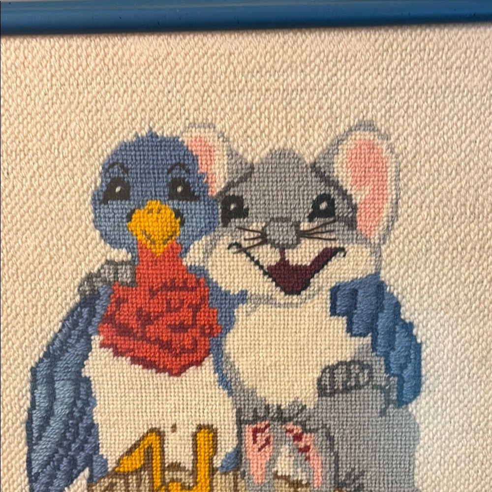 Charming Animal Bird & Mouse Needlepoint Framed Picture Nursery Kids Vintage - Picture 12 of 16